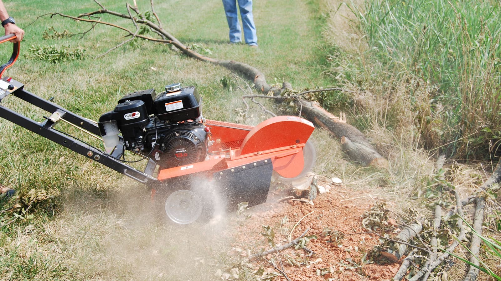 Stump grinder actively grinding a tree stump (stock photo, for illustration only)
